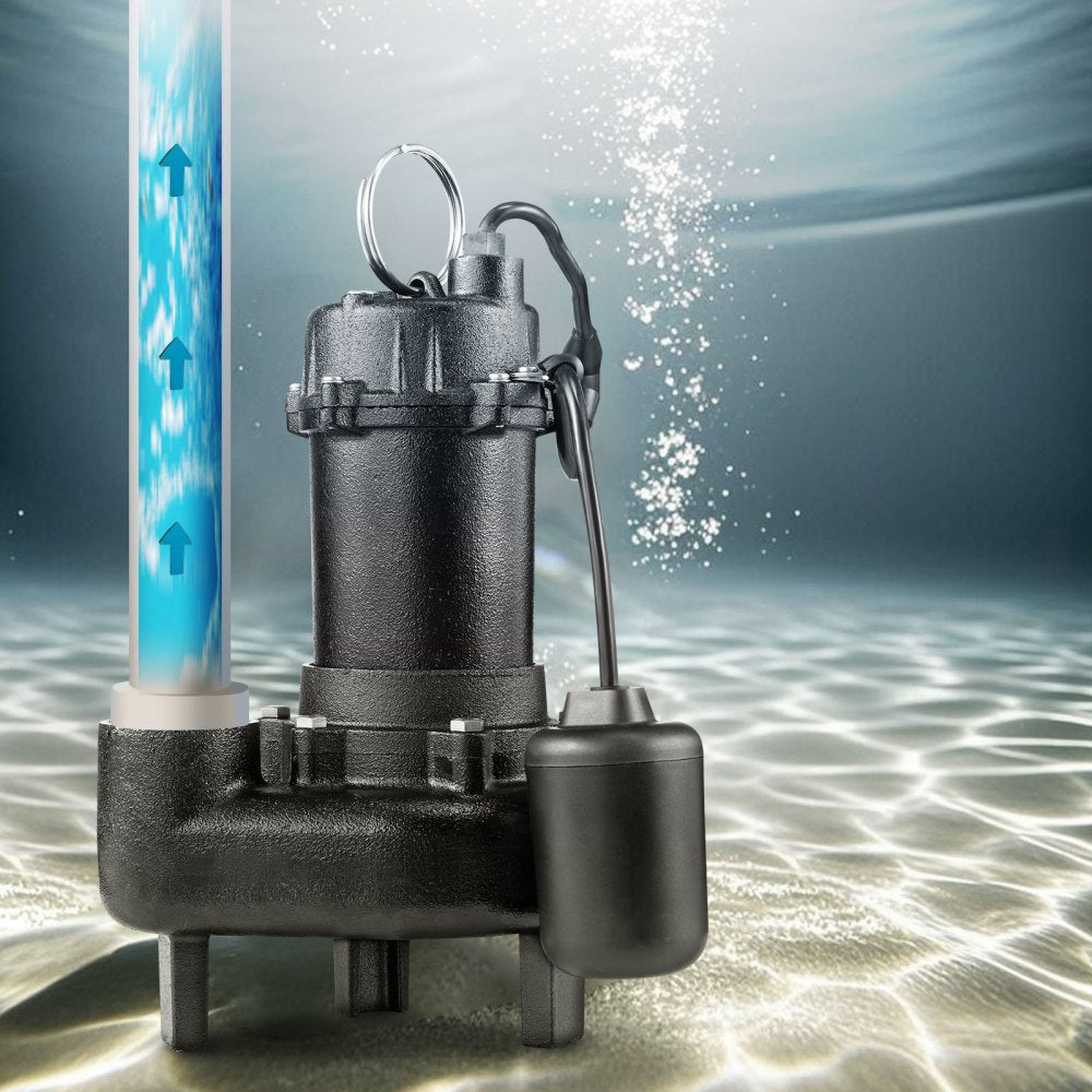 VEVOR Submersible Sewage Pump, 1/2 HP, 6000 GPH Cast Iron Sewage/Effluent Pump with Automatic Tethered Float Switch, 2-Inch NPT Discharge, 120V, 25 ft Max Lift, for Basement, Septic Tank, Residential