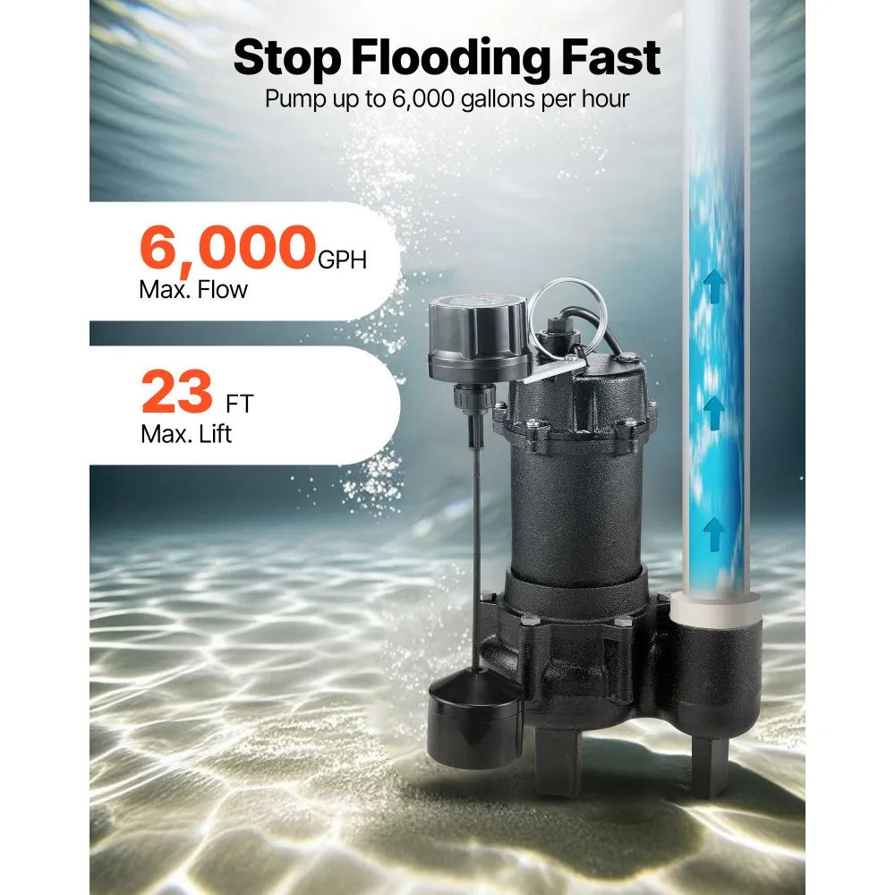 VEVOR Submersible Sewage Pump, 3/4 HP, 6000 GPH Cast Iron Sewage/Effluent Pump with Automatic Tethered Float Switch, 2-Inch NPT Discharge, 120V, 23 ft Max Lift, for Basement, Septic Tank, Residential