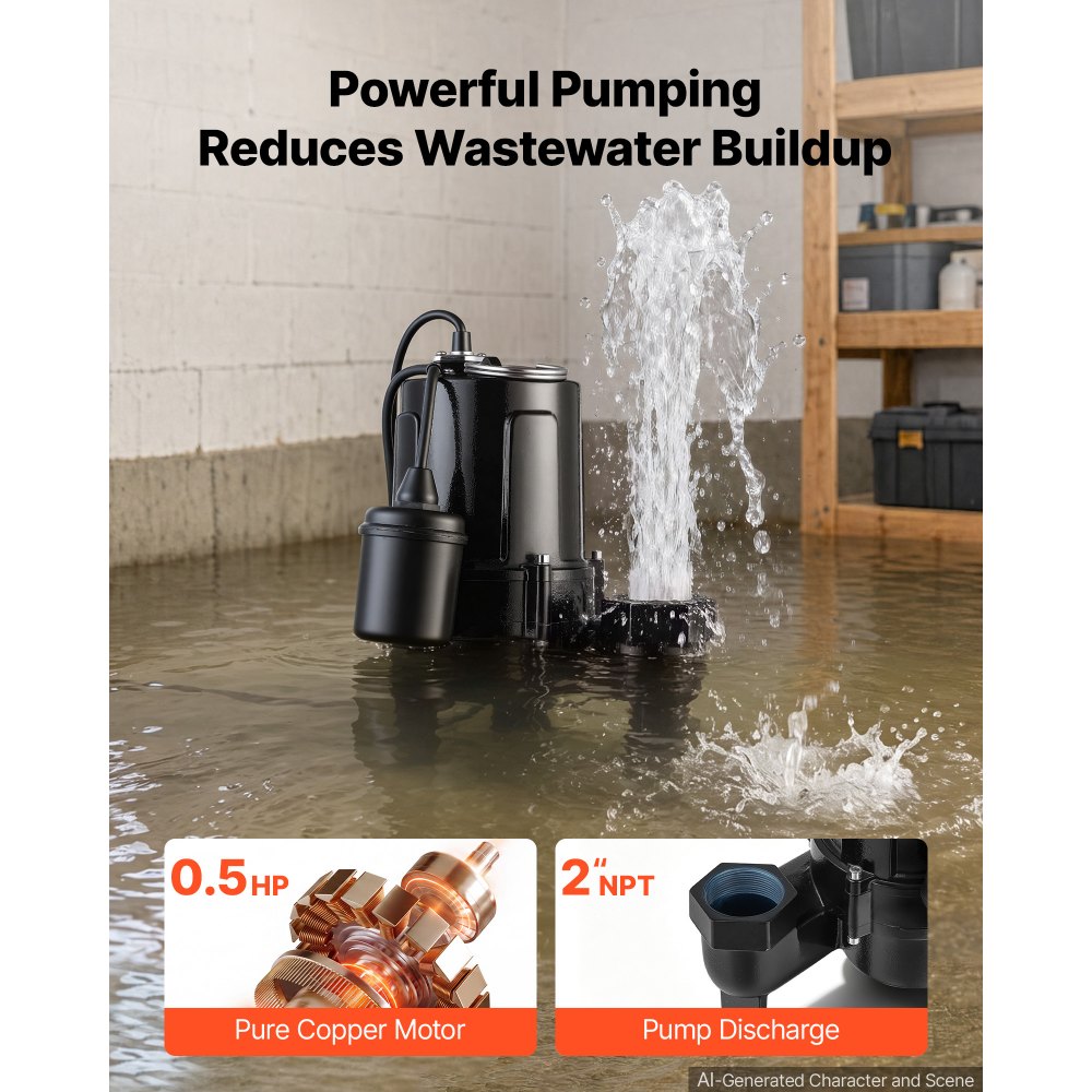 VEVOR Submersible Sump Pump 1/2 HP 6900 GPH Cast Iron Sewage/Effluent Pump, for Basement Septic Tank Residential, Automatic Tethered Float Switch, 2-Inch NPT Discharge, 20 ft Lift, IPX8 Waterproof