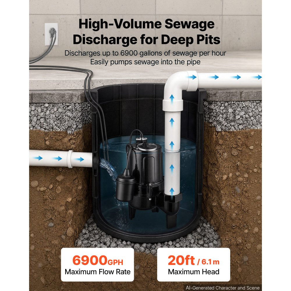 VEVOR Submersible Sump Pump 1/2 HP 6900 GPH Cast Iron Sewage/Effluent Pump, for Basement Septic Tank Residential, Automatic Tethered Float Switch, 2-Inch NPT Discharge, 20 ft Lift, IPX8 Waterproof
