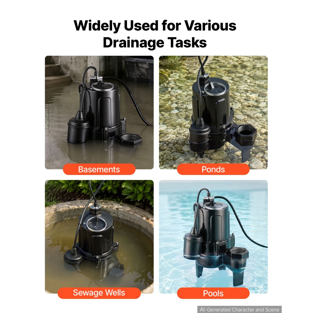 VEVOR Submersible Sump Pump 1/2 HP 6900 GPH Cast Iron Sewage/Effluent Pump, for Basement Septic Tank Residential, Automatic Tethered Float Switch, 2-Inch NPT Discharge, 20 ft Lift, IPX8 Waterproof
