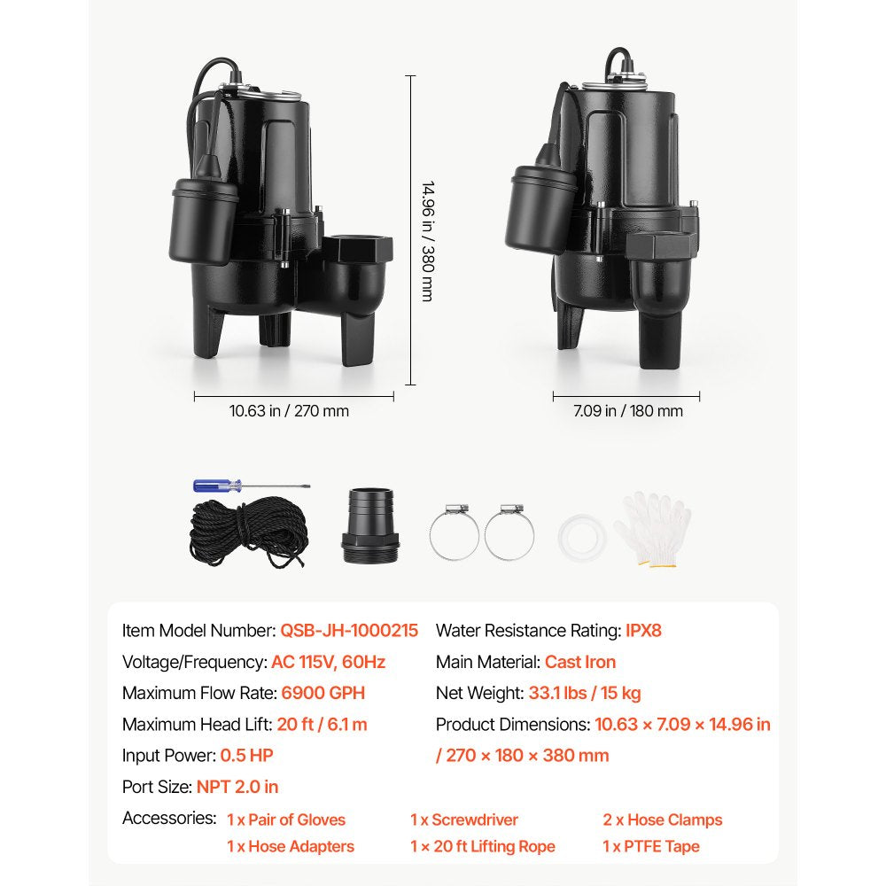 VEVOR Submersible Sump Pump 1/2 HP 6900 GPH Cast Iron Sewage/Effluent Pump, for Basement Septic Tank Residential, Automatic Tethered Float Switch, 2-Inch NPT Discharge, 20 ft Lift, IPX8 Waterproof