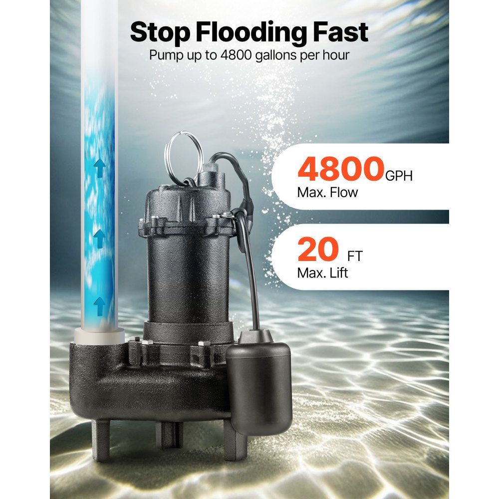 VEVOR Submersible Sewage Pump, 1/2 HP, 4800 GPH Cast Iron Sewage/Effluent Pump with Automatic Tethered Float Switch, 2-Inch NPT Discharge, 120V, 20 ft Max Lift, for Basement, Septic Tank, Residential