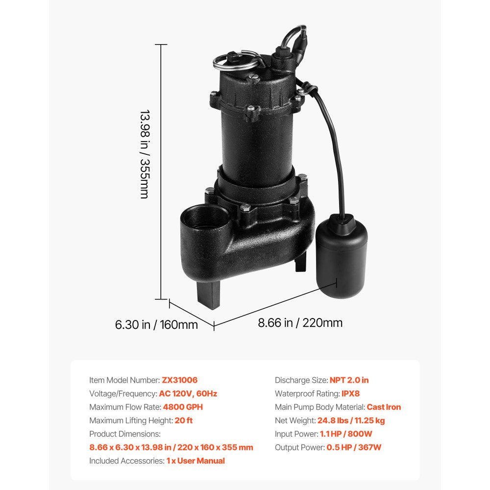 VEVOR Submersible Sewage Pump, 1/2 HP, 4800 GPH Cast Iron Sewage/Effluent Pump with Automatic Tethered Float Switch, 2-Inch NPT Discharge, 120V, 20 ft Max Lift, for Basement, Septic Tank, Residential