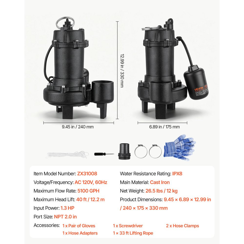 VEVOR Submersible Sump Pump 1.3 HP 5100 GPH Cast Iron Sewage/Effluent Pump, for Basement Septic Tank Residential, Automatic Tethered Float Switch, 2-Inch NPT Discharge, 40 ft Lift, IPX8 Waterproof