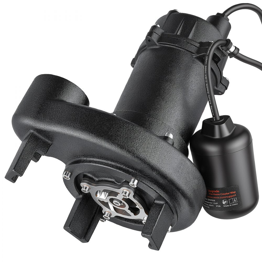 VEVOR Submersible Sump Pump 1.3 HP 5100 GPH Cast Iron Sewage/Effluent Pump, for Basement Septic Tank Residential, Automatic Tethered Float Switch, 2-Inch NPT Discharge, 40 ft Lift, IPX8 Waterproof
