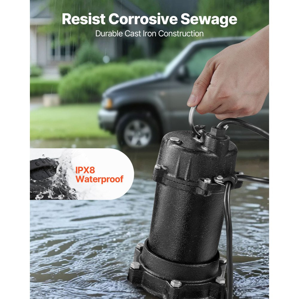 VEVOR Submersible Sewage Pump, 1 HP, 5200 GPH Cast Iron Sewage/Effluent Pump with Automatic Tethered Float Switch, 2-Inch NPT Discharge, 120V, 25 ft Max Lift, for Basement, Septic Tank, Residential