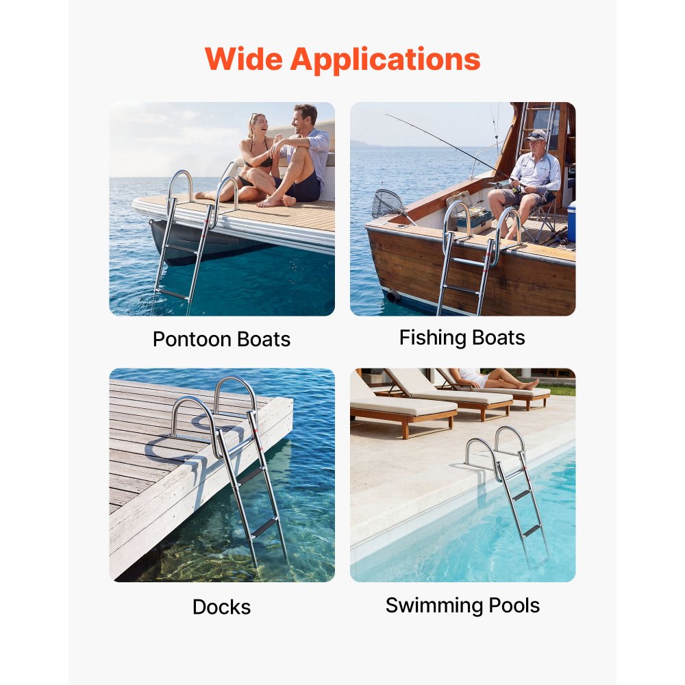VEVOR Boat Ladder, 3 Steps, Stainless Steel Telescoping Folding Swim Deck Ladder for Rear Entry Inboard, 600 lbs Capacity with Wide Anti-Slip Steps & Handrails, for Outboards, Yacht, Pontoon Boats