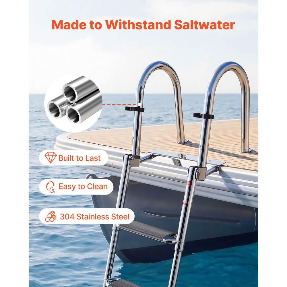 VEVOR Boat Ladder, 4 Steps, Stainless Steel Telescoping Folding Swim Deck Ladder for Rear Entry Inboard, 600lbs Capacity with Extra Wide Anti-Slip Steps & Handrails, for Outboards, Yacht, Pontoon Boat