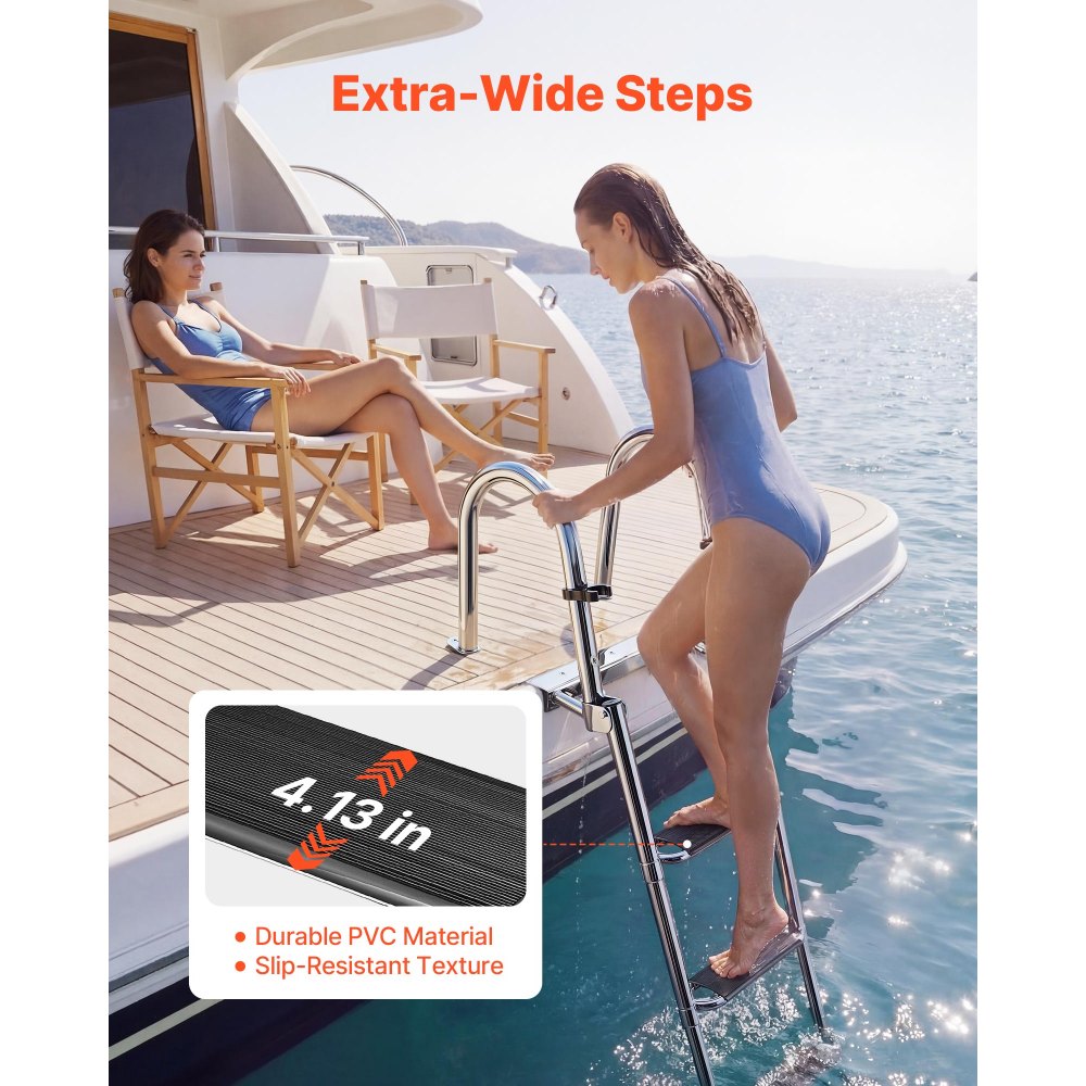 VEVOR Boat Ladder, 4 Steps, Stainless Steel Telescoping Folding Swim Deck Ladder for Rear Entry Inboard, 600lbs Capacity with Extra Wide Anti-Slip Steps & Handrails, for Outboards, Yacht, Pontoon Boat