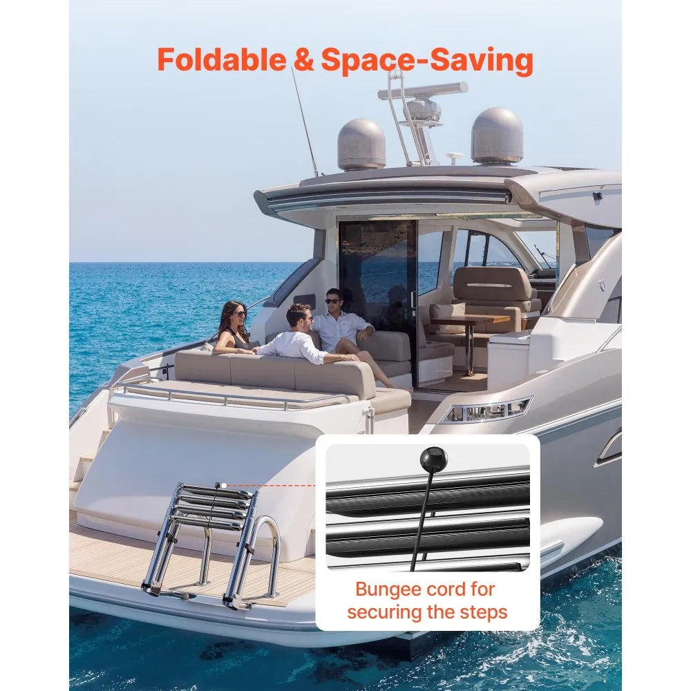 VEVOR Boat Ladder, 4 Steps, Stainless Steel Telescoping Folding Swim Deck Ladder for Rear Entry Inboard, 600lbs Capacity with Extra Wide Anti-Slip Steps & Handrails, for Outboards, Yacht, Pontoon Boat