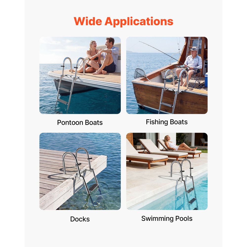 VEVOR Boat Ladder, 4 Steps, Stainless Steel Telescoping Folding Swim Deck Ladder for Rear Entry Inboard, 600lbs Capacity with Extra Wide Anti-Slip Steps & Handrails, for Outboards, Yacht, Pontoon Boat