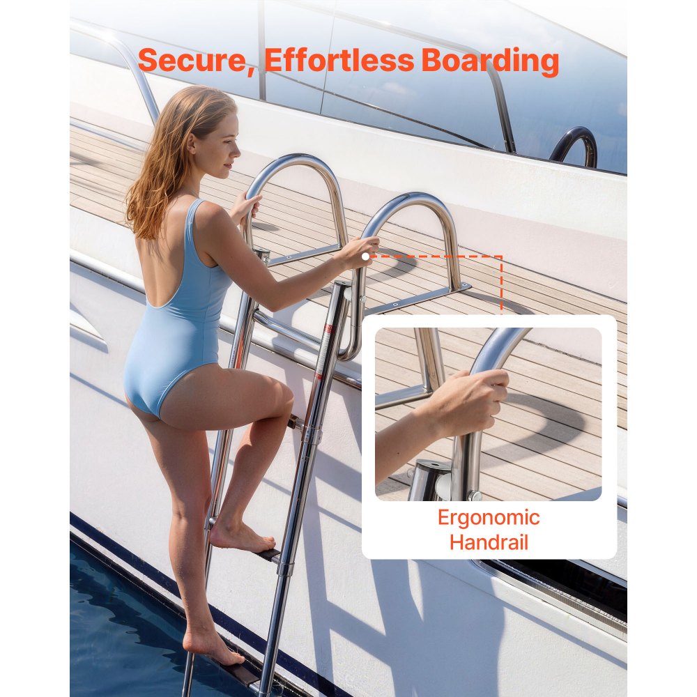 VEVOR Boat Ladder, 4 Steps, Stainless Steel Telescoping Folding Swim Deck Ladder for Rear Entry Inboard, 600 lbs Capacity with Wide Anti-Slip Steps & Handrails, for Outboards, Yacht, Pontoon Boats