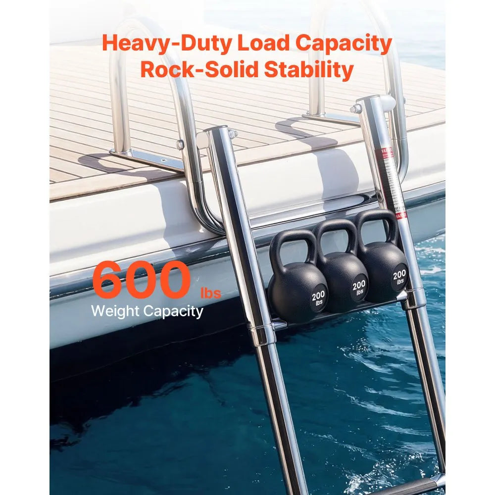 VEVOR Boat Ladder, 4 Steps, Stainless Steel Telescoping Folding Swim Deck Ladder for Rear Entry Inboard, 600 lbs Capacity with Wide Anti-Slip Steps & Handrails, for Outboards, Yacht, Pontoon Boats