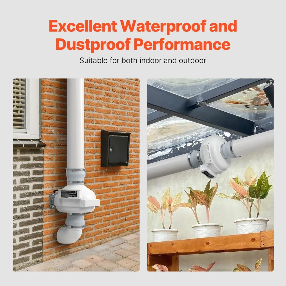 VEVOR 4 to 4.5 inch Radon Fan Installation Kit, Quiet 190CFM Radon Mitigation Fan System Kit with 2 Couplers, Pressure Indicator, Waterproof Inline Duct Fan Exhaust Fan for Indoor Outdoor Ventilation