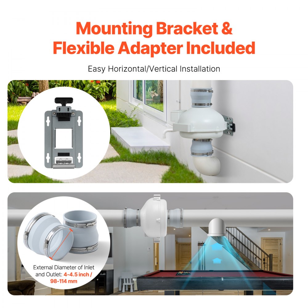 VEVOR 4 to 4.5 inch Radon Fan Installation Kit, Quiet 190CFM Radon Mitigation Fan System Kit with 2 Couplers, Pressure Indicator, Waterproof Inline Duct Fan Exhaust Fan for Indoor Outdoor Ventilation