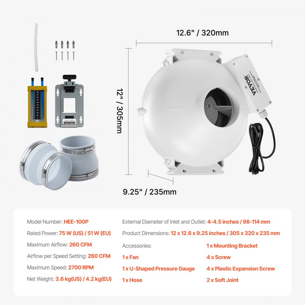 VEVOR 4 to 4.5 inch Radon Fan Installation Kit, Quiet 260CFM Radon Mitigation Fan System Kit with 2 Couplers, Pressure Indicator, Waterproof Inline Duct Fan Exhaust Fan for Indoor Outdoor Ventilation