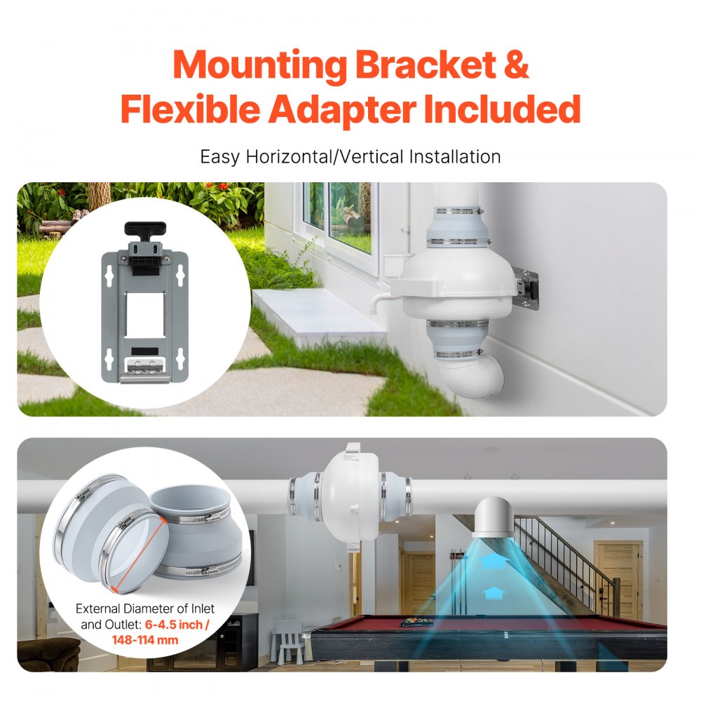VEVOR 6 to 4.5 inch Radon Fan Installation Kit, Quiet 380CFM Radon Mitigation Fan System Kit with 2 Couplers, Pressure Indicator, Waterproof Inline Duct Fan Exhaust Fan for Indoor Outdoor Ventilation