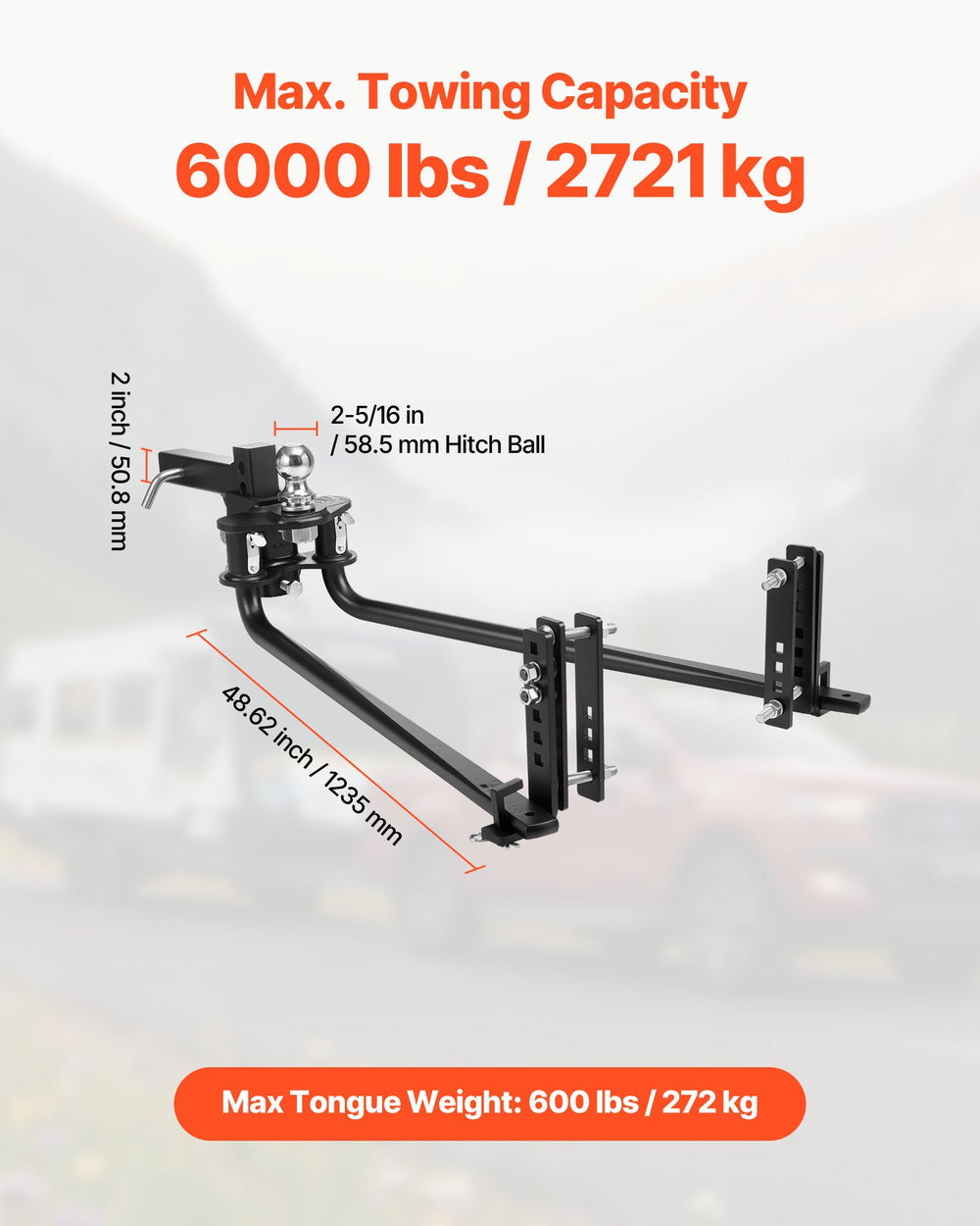 VEVOR HL6000 max towing capacity and max tongue weight infographic