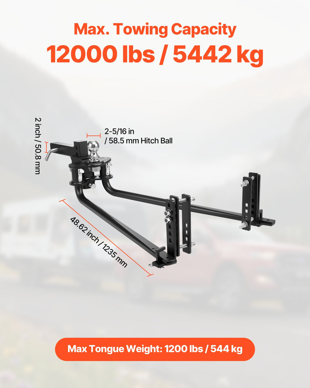 VEVOR Weight Distribution Hitch - max towing 12000 lbs and max tongue weight 1200 lbs infographic