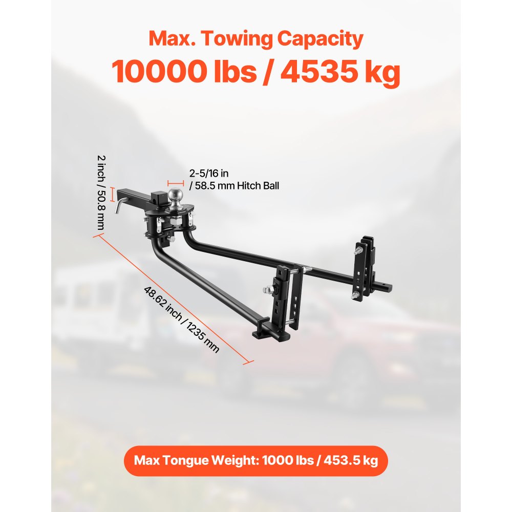 VEVOR Weight Distribution Hitch, 10000 lbs Max. Towing with Sway Control, Weight Distributing Hitches Kit for Trailers & RVs, 1000 lbs Max. Tongue, 2 in Shank, 2-5/16 in Ball, Load Leveling Hitch