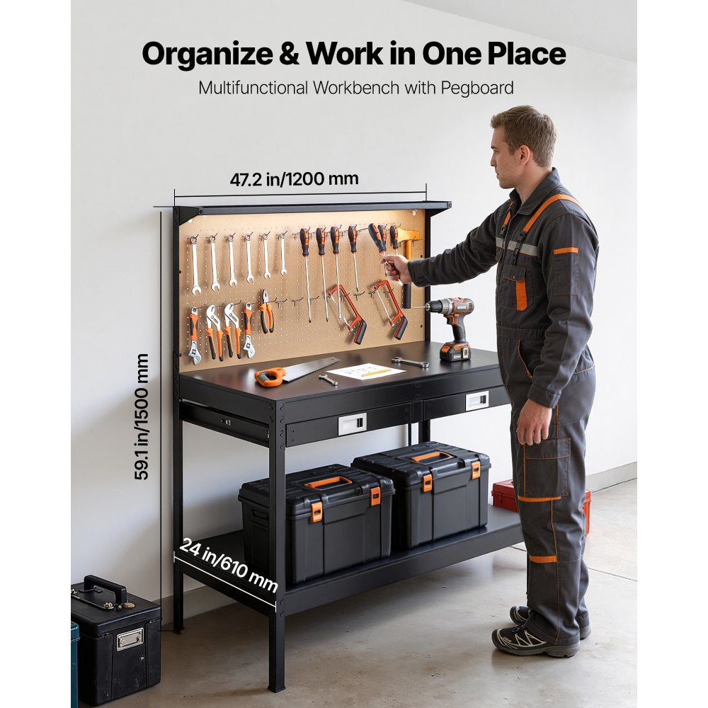 VEVOR Hardwood Workbench, 242.5 lbs Weight Capacity, 47.2-inch Heavy Duty Workbench with Pegboard, 4 AC Outlets & 2 USB Ports, 4.9 ft Cable & 30 Hooks, Garage Work Bench with Drawer for Workshop
