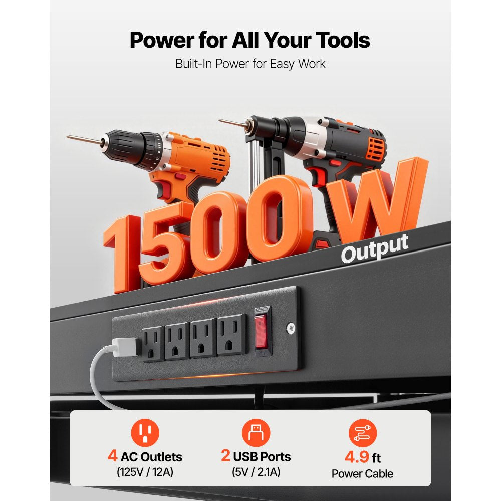 VEVOR Hardwood Workbench, 242.5 lbs Weight Capacity, 47.2-inch Heavy Duty Workbench with Pegboard, 4 AC Outlets & 2 USB Ports, 4.9 ft Cable & 30 Hooks, Garage Work Bench with Drawer for Workshop