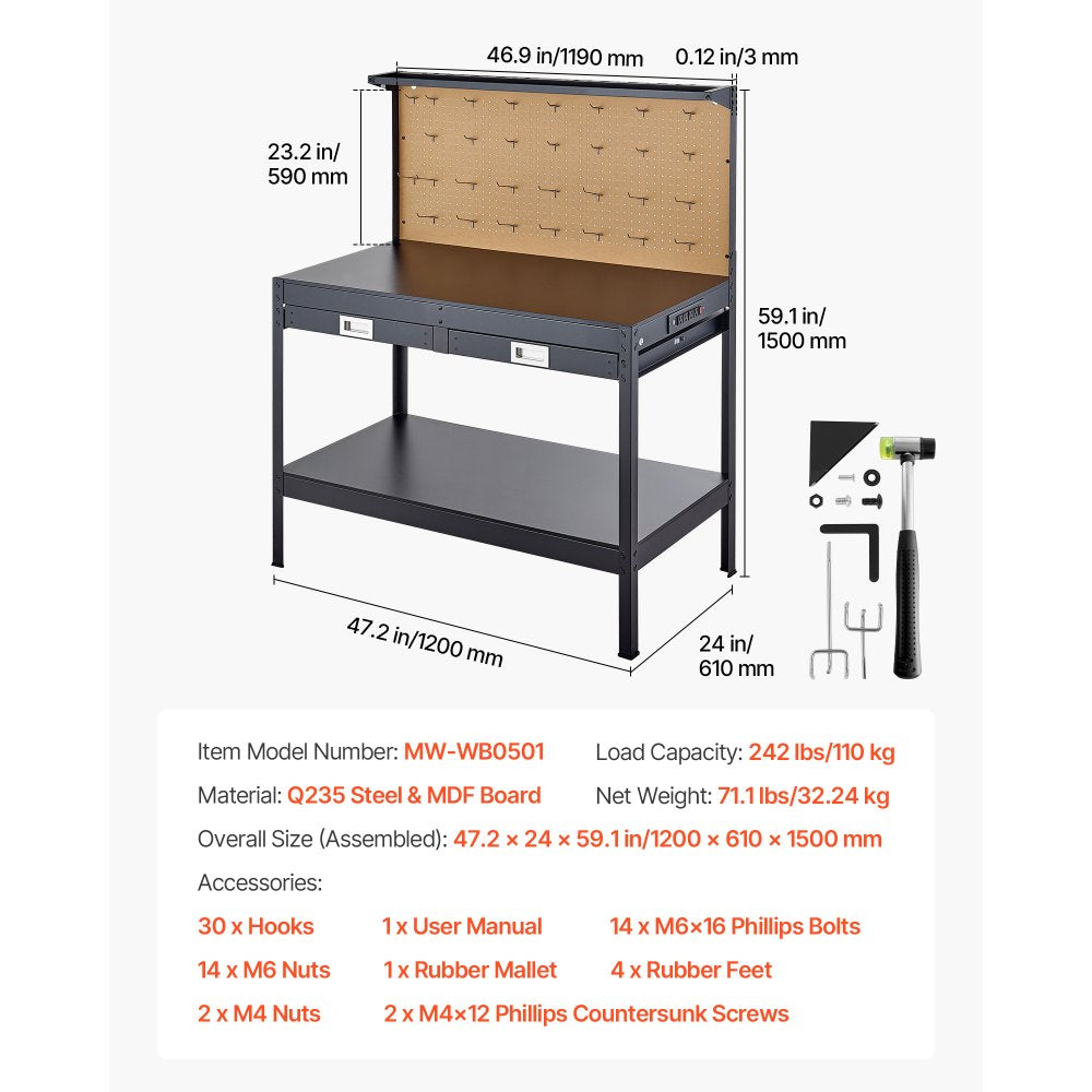 VEVOR Hardwood Workbench, 242.5 lbs Weight Capacity, 47.2-inch Heavy Duty Workbench with Pegboard, 4 AC Outlets & 2 USB Ports, 4.9 ft Cable & 30 Hooks, Garage Work Bench with Drawer for Workshop
