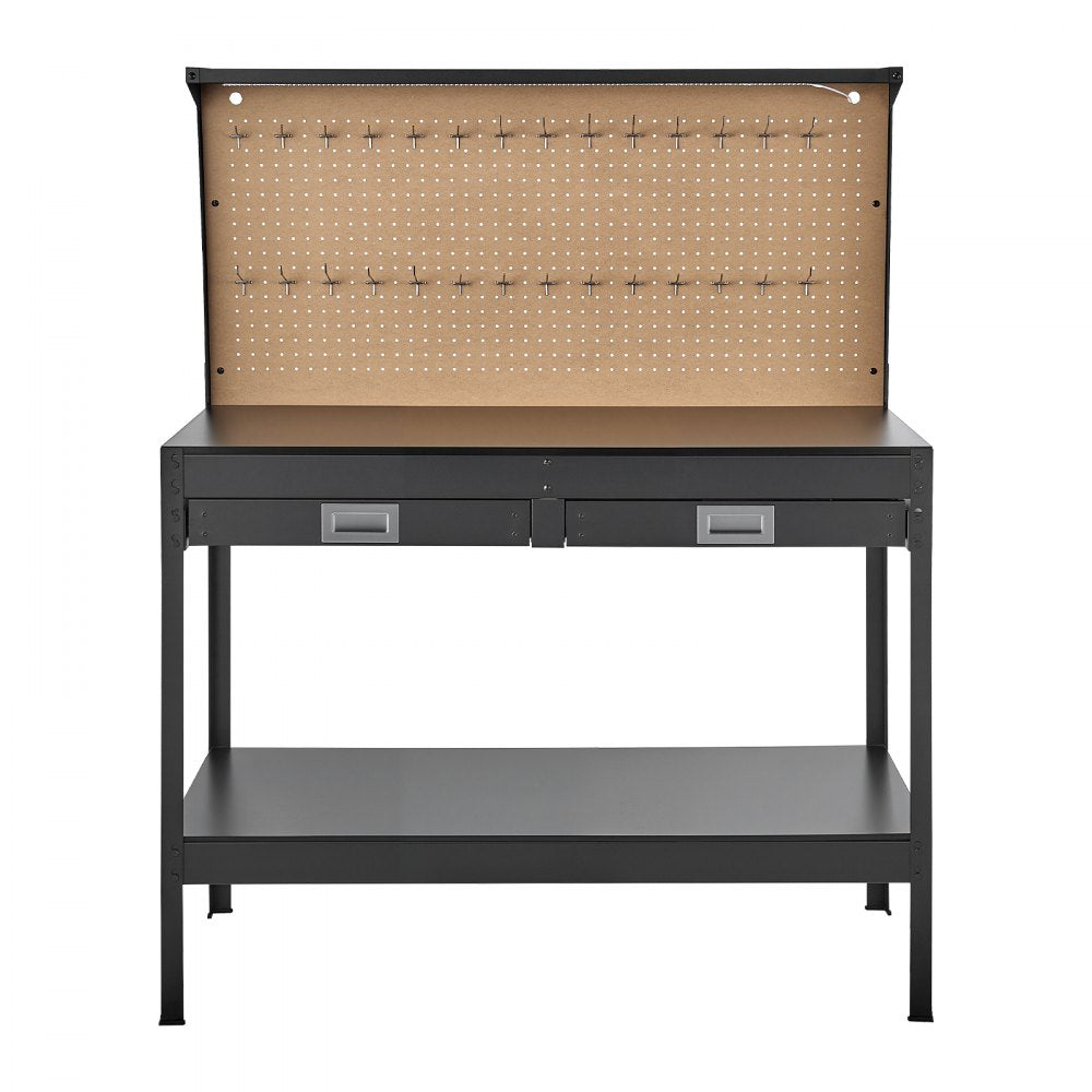 VEVOR Hardwood Workbench, 242.5 lbs Weight Capacity, 47.2-inch Heavy Duty Workbench with Pegboard, 4 AC Outlets & 2 USB Ports, 4.9 ft Cable & 30 Hooks, Garage Work Bench with Drawer for Workshop