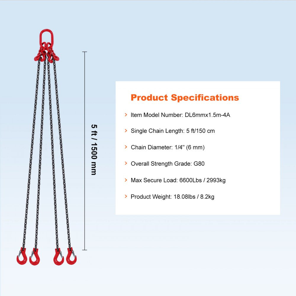 VEVOR Chain Sling, 1/4 inch x 5 ft Lifting Chains with Hooks, G80 Engine Chain Hoist Lifts, 6600 lbs/3 Ton Lifting Sling Chains for Engine Hoist, Engine Lift Chain with 4 Leg Grab Hooks and Adjusters
