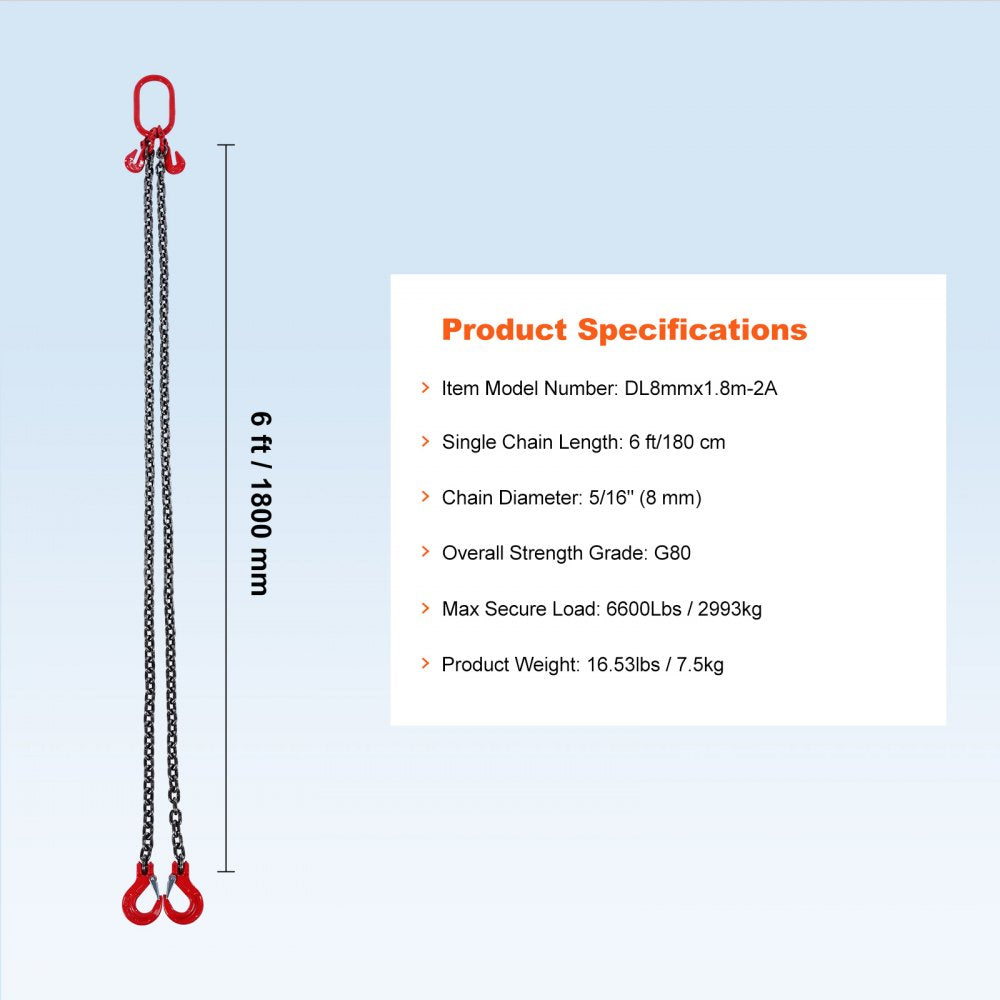 VEVOR Chain Sling, 5/16 inch x 6 ft Lifting Chains with Hooks, G80 Engine Chain Hoist Lifts, 6600 lbs/3 Ton Lifting Sling Chains for Engine Hoist, Engine Lift Chain with 2 Leg Grab Hooks and Adjusters