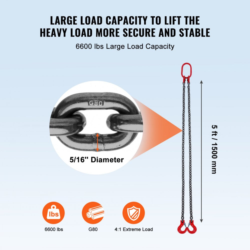 VEVOR Chain Sling, 5/16 inch x 5 ft Lifting Chains with Hooks, G80 Engine Chain Hoist Lifts, 6600 lbs/3 Ton Capacity Lifting Sling Chains for Engine Hoist, Engine Lift Chain with 2 Leg Grab Hooks