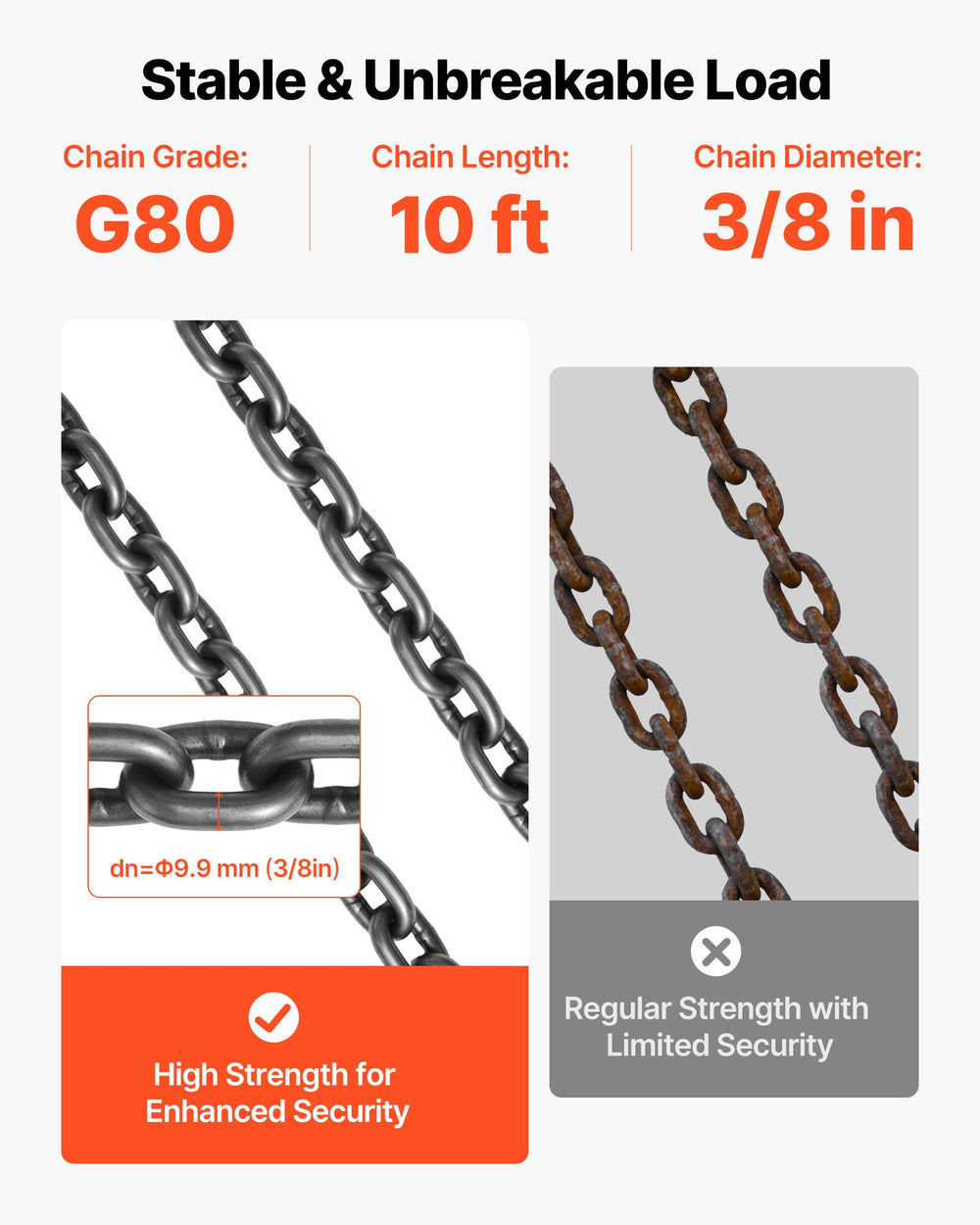 VEVOR Chain Sling, 3/8 in x 10 ft Lifting Chains with 4 Leg Grab Hooks, Heavy Duty G80 Alloy Steel Lifting Sling, 22900LBS Capacity, Adjustable Engine Chain Hoist Lifts for Cargo Security Towing