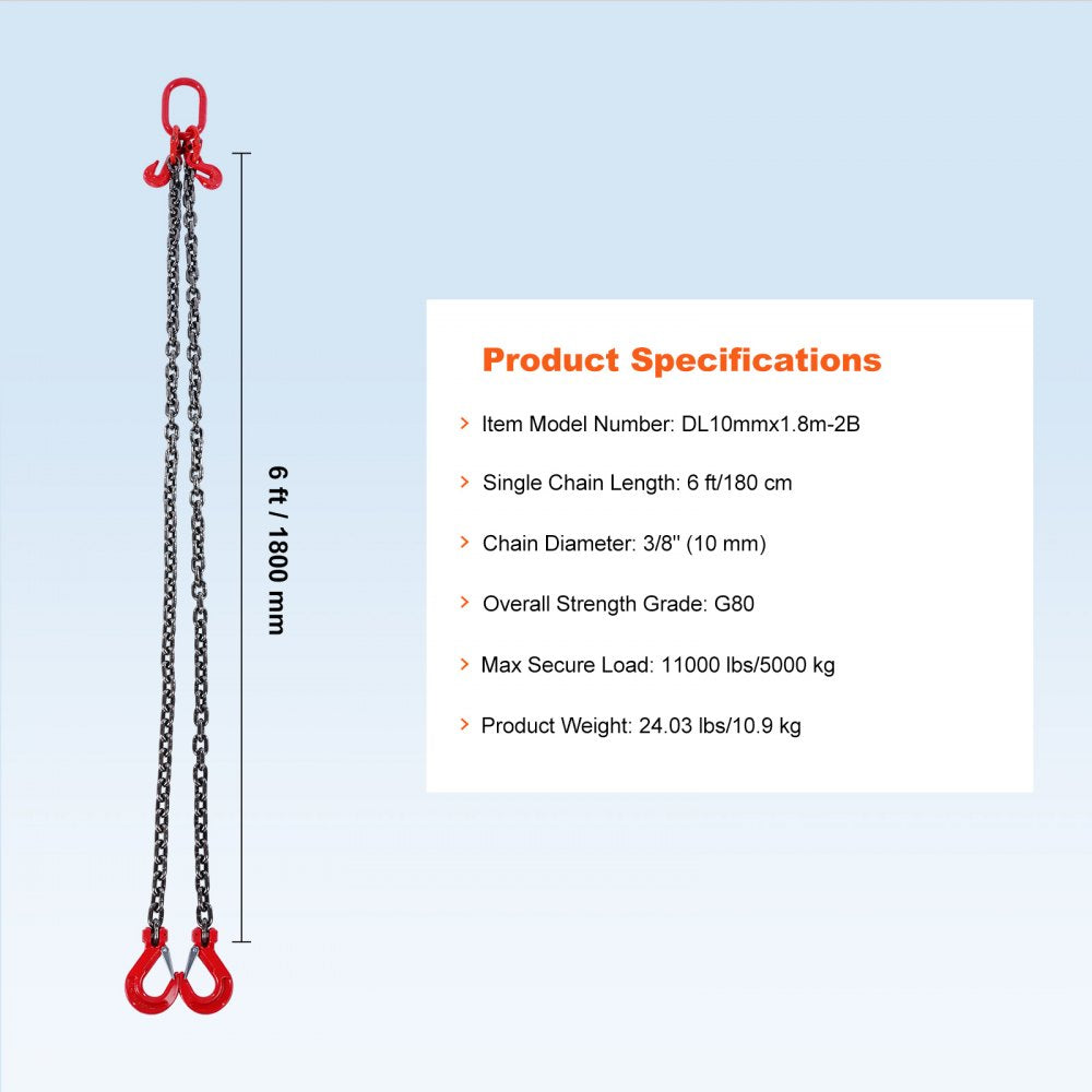 VEVOR Chain Sling, 3/8 inch x 6 ft Lifting Chains with Hooks, G80 Engine Chain Hoist Lifts, 11000 lbs/5 Ton Lifting Sling Chains for Engine Hoist, Engine Lift Chain with 2 Leg Grab Hooks and Adjusters