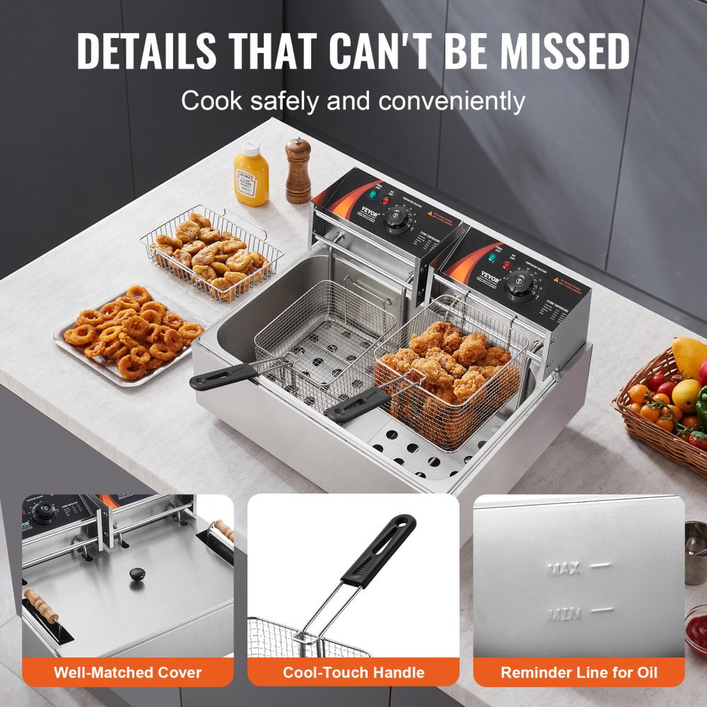 VEVOR Commercial Deep Fryer, 3000W Electric Turkey Fryer with 3 Removable Baskets, Large Capacity 18Qt / 17L Stainless Steel Countertop Single Oil Fryer, for Kitchen Restaurant Use, Silver