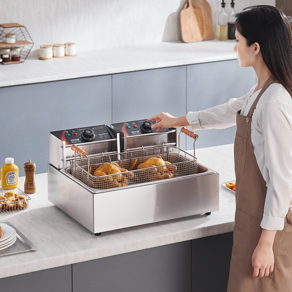 VEVOR Commercial Deep Fryer, 3000W Electric Turkey Fryer with 3 Removable Baskets, Large Capacity 18Qt / 17L Stainless Steel Countertop Single Oil Fryer, for Kitchen Restaurant Use, Silver
