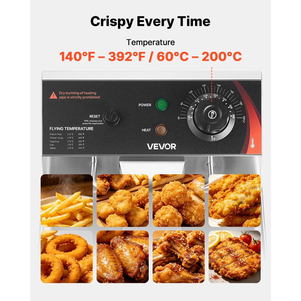 VEVOR Commercial Electric Deep Fryer, 12.15 Qt, 1750W Stainless Steel Countertop Fryer with Basket and Lid, Overheat Protection, Temp Control, Adjustable Feet for Commercial Restaurant Use, Silver