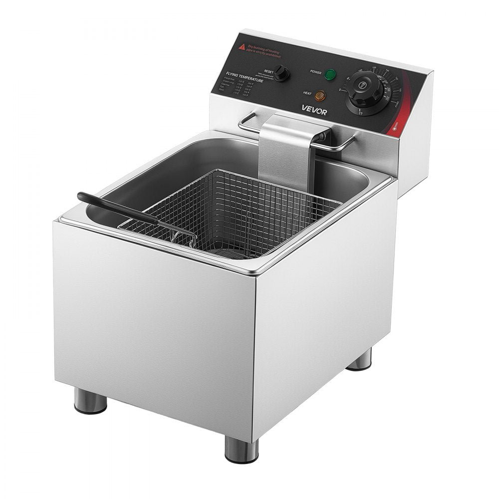 VEVOR Commercial Electric Deep Fryer, 12.15 Qt, 1750W Stainless Steel Countertop Fryer with Basket and Lid, Overheat Protection, Temp Control, Adjustable Feet for Commercial Restaurant Use, Silver