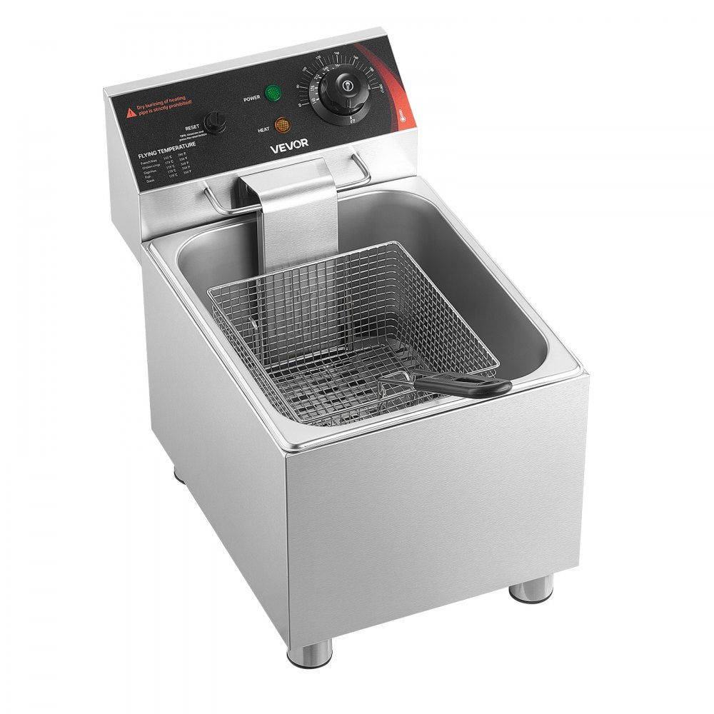 VEVOR Commercial Electric Deep Fryer, 12.15 Qt, 1750W Stainless Steel Countertop Fryer with Basket and Lid, Overheat Protection, Temp Control, Adjustable Feet for Commercial Restaurant Use, Silver