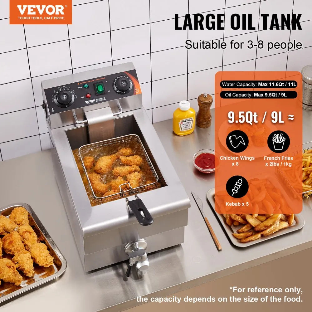 VEVOR Commercial Deep Fryer, 1500W Electric Countertop Fryer with Basket, 11.6Qt / 11L Stainless Steel Single Oil Fryer with Time & Temp Control, Overheat Protection, for Kitchen Restaurant Use