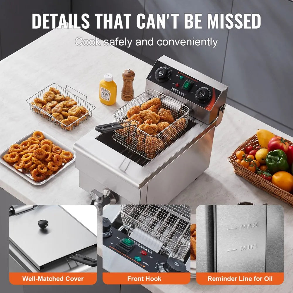 VEVOR Commercial Deep Fryer, 1500W Electric Countertop Fryer with Basket, 11.6Qt / 11L Stainless Steel Single Oil Fryer with Time & Temp Control, Overheat Protection, for Kitchen Restaurant Use
