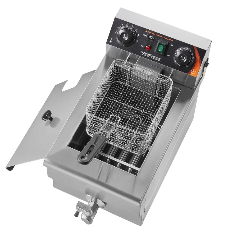VEVOR Commercial Deep Fryer, 1500W Electric Countertop Fryer with Basket, 11.6Qt / 11L Stainless Steel Single Oil Fryer with Time & Temp Control, Overheat Protection, for Kitchen Restaurant Use