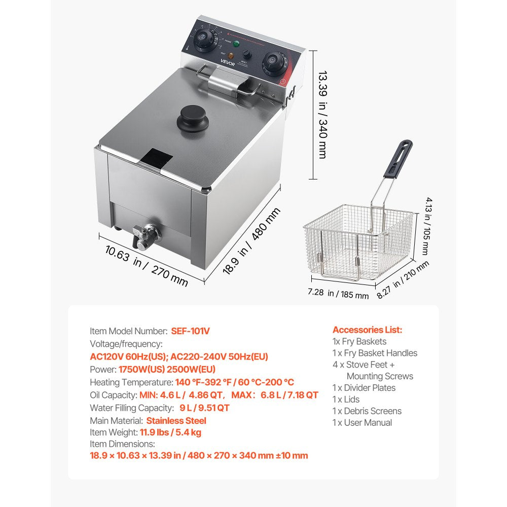 VEVOR Commercial Electric Deep Fryer, Oil Filtration Upgrade, 9.51 Qt, 1750W Stainless Steel Countertop Fryer with Basket and Lid, Temp Control, Oil Drain Valve for Commercial Restaurant Use, Silver