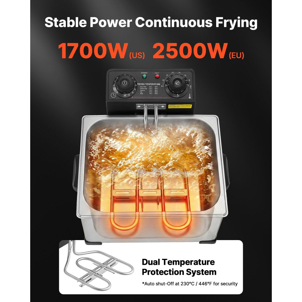 VEVOR Commercial Electric Deep Fryer, 9.51 Qt, 1700W Stainless Steel Countertop Fryer with Large & Small Baskets, Overheat Protection, Temp Control, Timer, Detachable for Home Restaurant Use, Silver