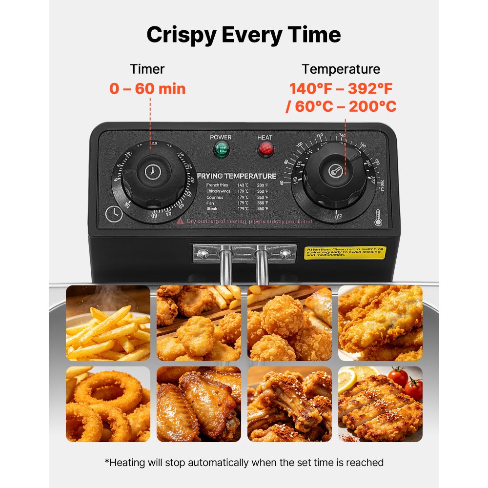 VEVOR Commercial Electric Deep Fryer, 9.51 Qt, 1700W Stainless Steel Countertop Fryer with Large & Small Baskets, Overheat Protection, Temp Control, Timer, Detachable for Home Restaurant Use, Silver