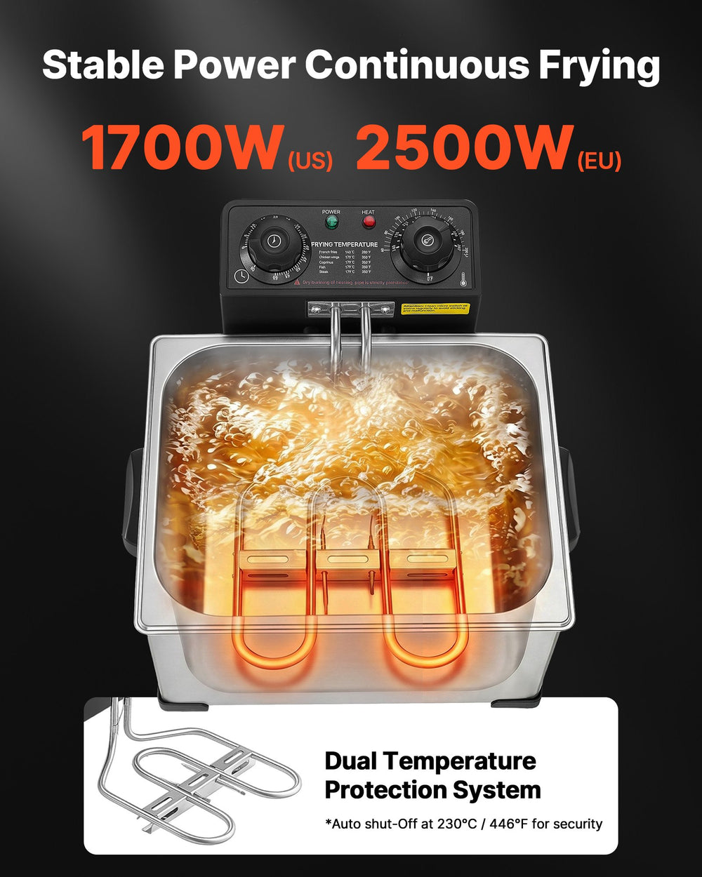 VEVOR Commercial Electric Deep Fryer, 9.51 Qt, 1700W Stainless Steel Countertop Fryer with Large & Small Baskets, Overheat Protection, Temp Control, Timer, Detachable for Home Restaurant Use, Silver