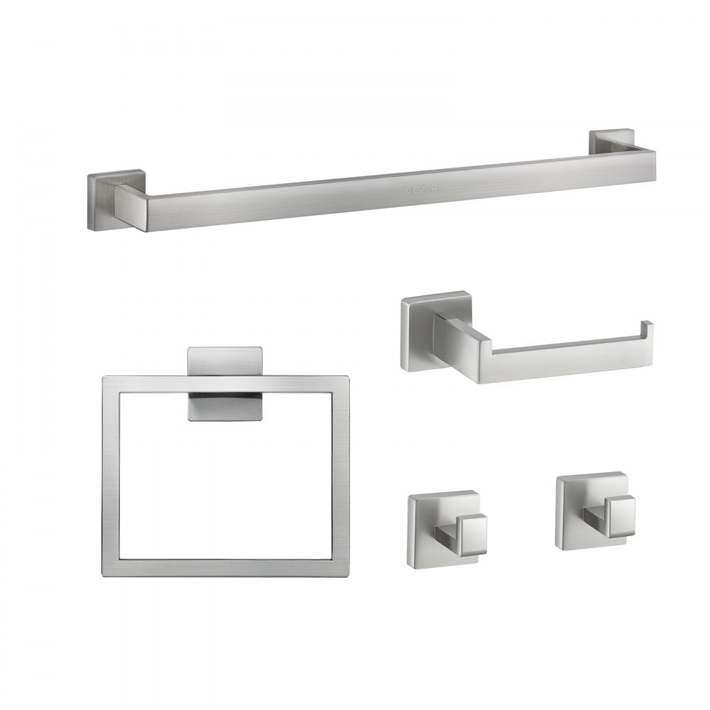 VEVOR Brushed Nickel Bathroom Hardware Set, 5 Pieces Bathroom Accessories Set, Stainless Steel 24 inch Towel Bar, Towel Rack, 2 Robe Towel Hooks, Toilet Paper Holder for Bath Room, Wall Mounted