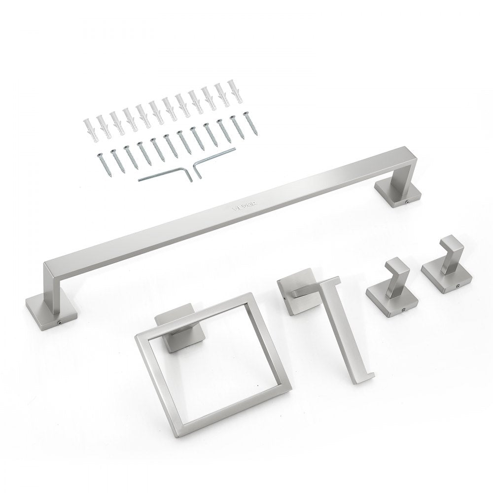 VEVOR Brushed Nickel Bathroom Hardware Set, 5 Pieces Bathroom Accessories Set, Stainless Steel 24 inch Towel Bar, Towel Rack, 2 Robe Towel Hooks, Toilet Paper Holder for Bath Room, Wall Mounted