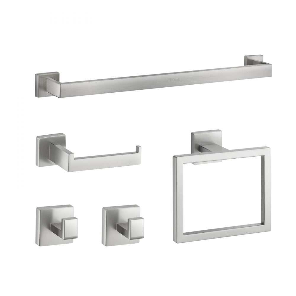 VEVOR Brushed Nickel Bathroom Hardware Set, 5 Pieces Bathroom Accessories Set, Stainless Steel 24 inch Towel Bar, Towel Rack, 2 Robe Towel Hooks, Toilet Paper Holder for Bath Room, Wall Mounted