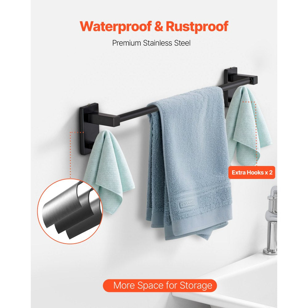 VEVOR Matte Black Bathroom Hardware Set, 4 Pieces Stainless Steel Bathroom Accessories Set, 24-inch Towel Bar, Towel Ring, Robe Towel Hook, Toilet Paper Holder, for Bath Room, Wall Mounted